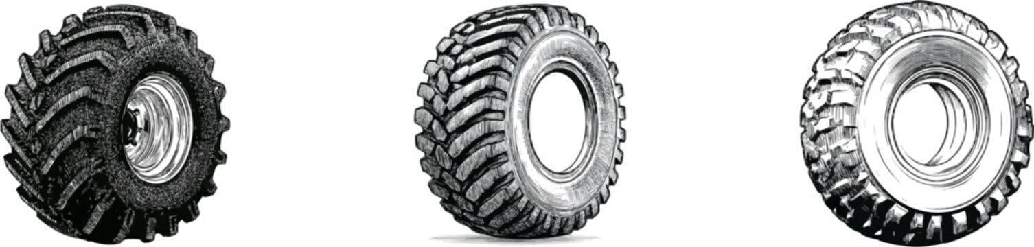 A meticulously detailed vintage monochrome line art illustration of a thick rubber all-terrain vehicle tire with deep aggressive mud traction treads, showcasing intricate cross-hatching and stippling