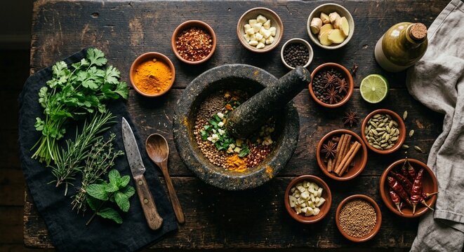 Mortar and pestle with colorful spices on dark textured table