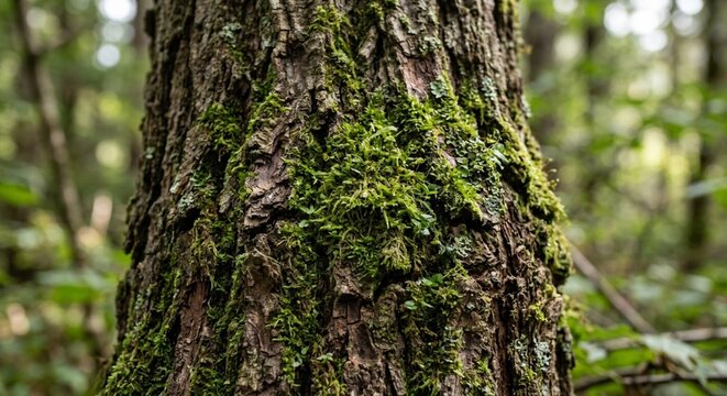 Close-up tree bark texture with moss and soft forest light