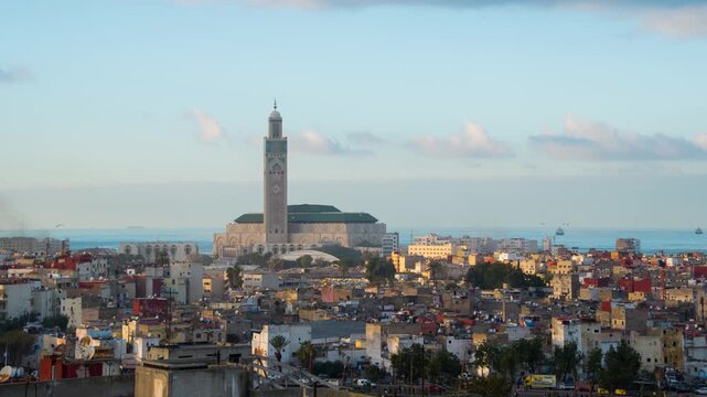 Casablanca, Morocco. Aerial view of Hassan II Mosque in Casablanca, Morocco. Time-lapse from evening to night