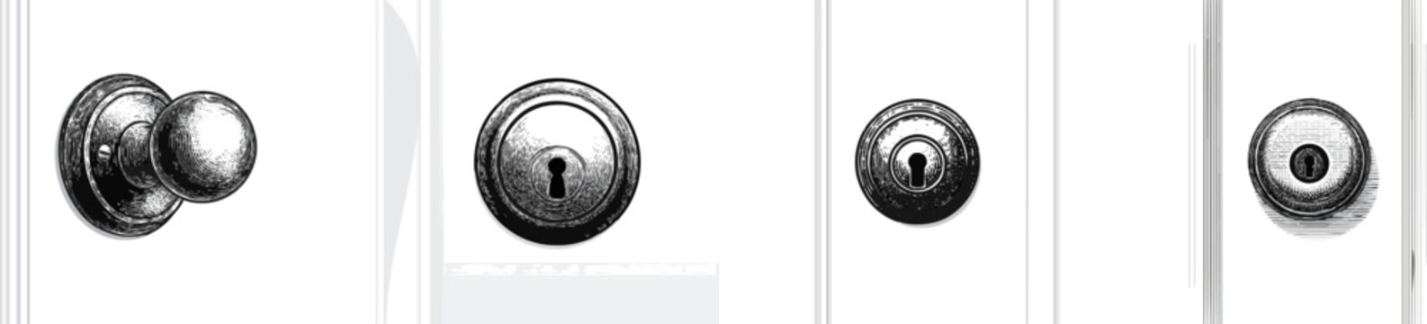 A vintage black-and-white doorbell with intricate cross-hatching and stippling stands out against a plain door frame in this detailed, high-resolution illustration