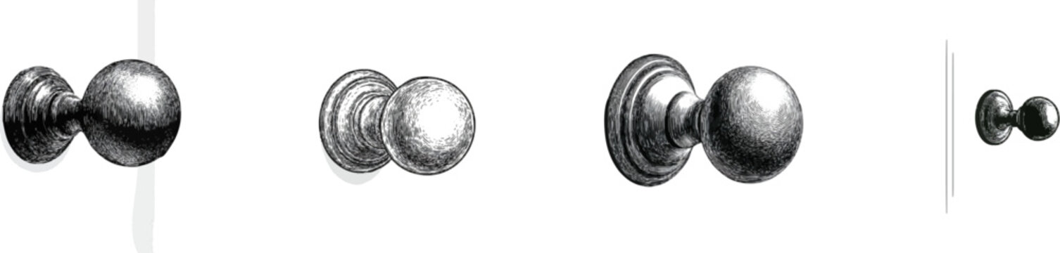 A close-up of a vintage door knob with intricate black-and-white engraving, set against a plain white background, highlighting its detailed texture and craftsmanship