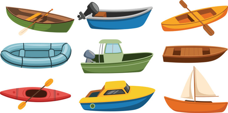 Large collection of colorful watercraft vector illustrations including a sailboat canoe kayak motorboat inflatable raft and wooden rowboat isolated on white background.