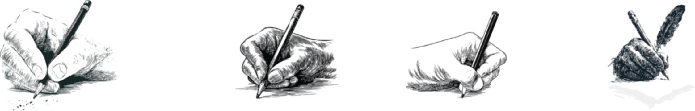 A close-up of a hand gripping a generic pencil, writing with precision on plain paper in a vintage monochrome line art style, isolated against a pure white background