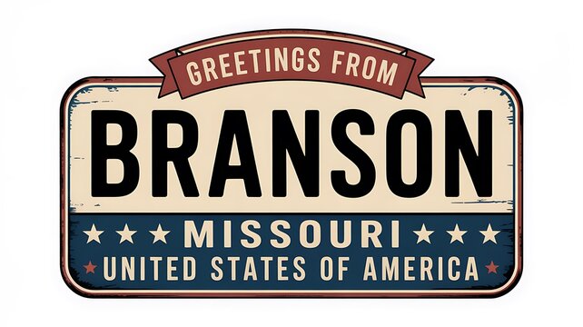 Branson, Missouri vintage travel sign, United States of America souvenir, Greetings from Branson license plate