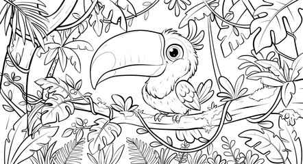 Obraz premium Hand Drawn Toucan Sitting on Tree Branch for Coloring Book