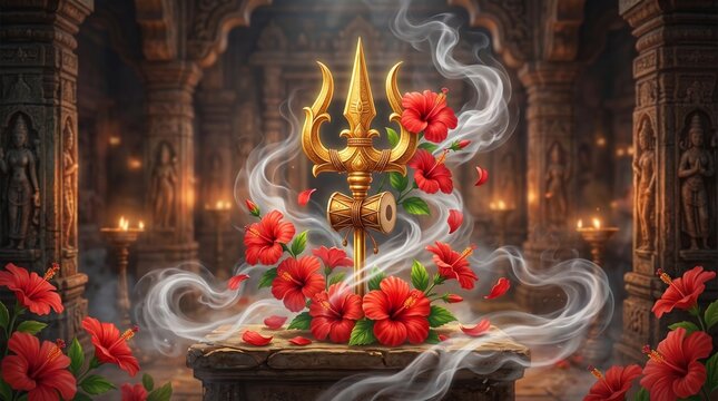 Image is a digital artwork featuring a central golden trident, known as a trishul, set against a mystical background. The trident is intricately designed with a polished metallic finish, reflecting li
