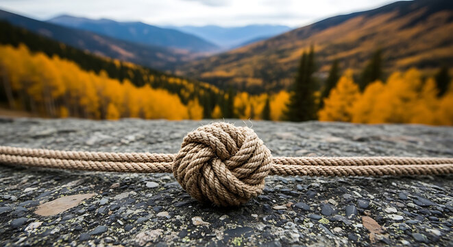 A thick rope tied into a monkey fist knot resting on a rocky surface with a blurred background, of a golden, autumn forest and, distant mountains