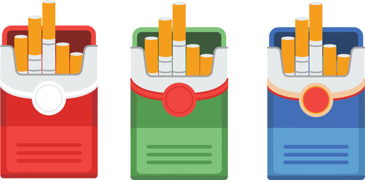 Set of colorful cigarette packs in red green and blue featuring open boxes with realistic tobacco sticks isolated on a white background.