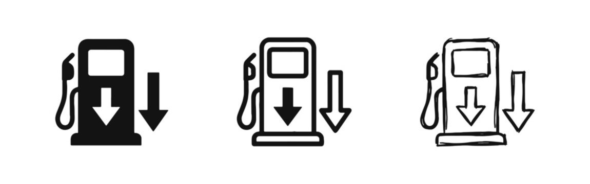 Gas Pump Fuel Price Drop Icon Set in Solid Line and Sketch Style
