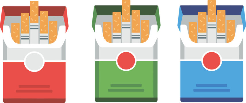 Set of colorful cigarette packs in red green and blue featuring open boxes with realistic tobacco sticks isolated on a white background.