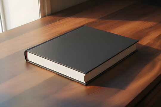 Blank dark grey hardcover book on a wooden table surface