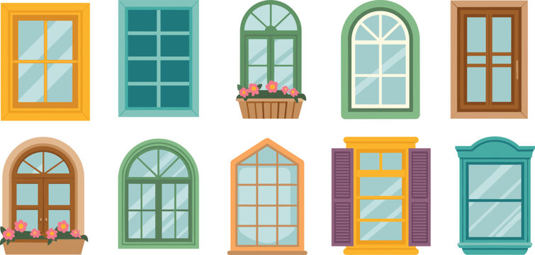 Set of charming window vector illustrations featuring various architectural styles including arched rectangular and shuttered designs with flower boxes isolated on white.
