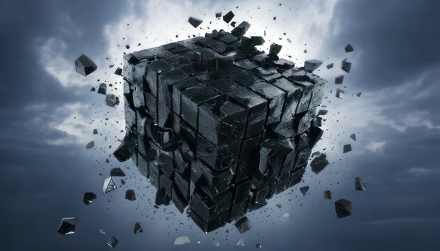 Abstract Black Cube Fragmentation Against Dramatic Sky Background.