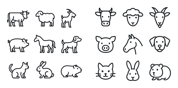 Animal icons with cow pig dog outline simple