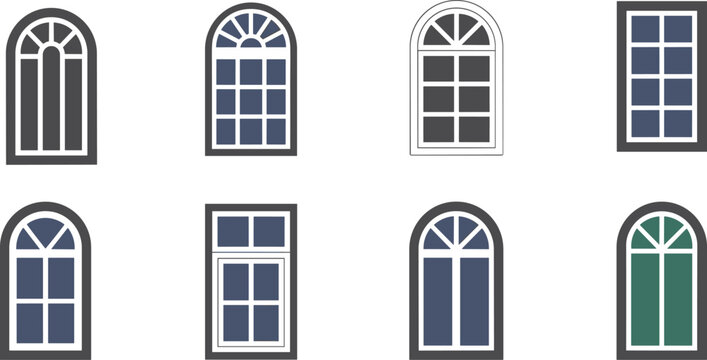 Collection of classic arched and rectangular window vector icons with various frame designs and glass panes isolated on a white background.