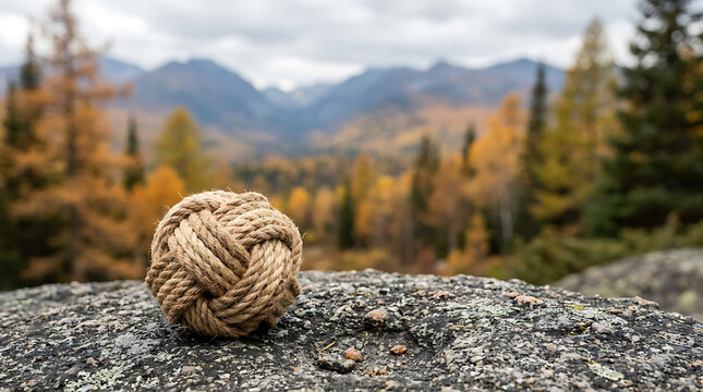 A thick rope tied into a monkey fist knot resting on a gray rock with a blurred background, of a golden, autumn forest and, distant mountains
