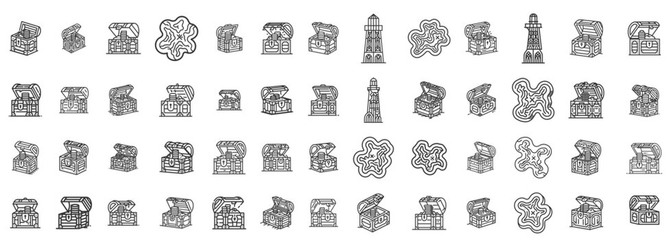 Minimalist Vector Treasure Chest and Island Map Icons for Gaming and Adventure Illustration Assets