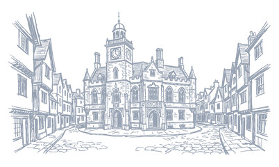Naklejka premium Vector line art of a vintage building. Old Building In Newport City.