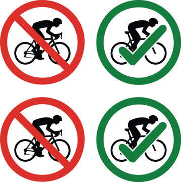 Bicycle safety sign vector set featuring a cyclist silhouette with red prohibition and green checkmark symbols for traffic regulations.