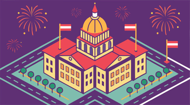Isometric of a government building with flags and fireworks, proclamation day in latvia