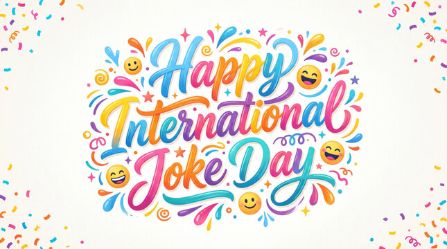Vibrant Happy International Joke Day typography artwork with colorful laughter emoji celebration theme for festive greeting design
