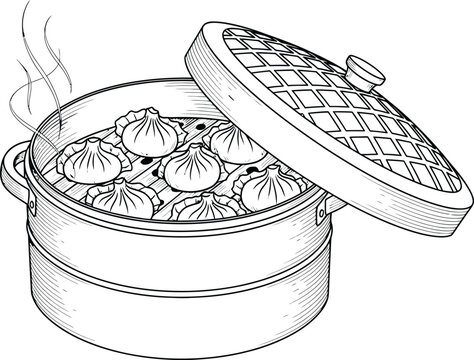 Steaming dim sum illustration traditional asian cuisine sketch for restaurant menus and food packaging