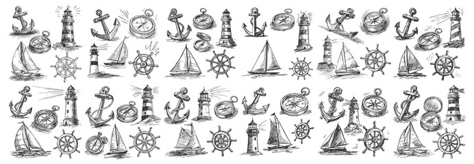 Nautical hand drawn vintage collection of anchors lighthouses compasses sailboats and ship steering wheels © 99VectorS
