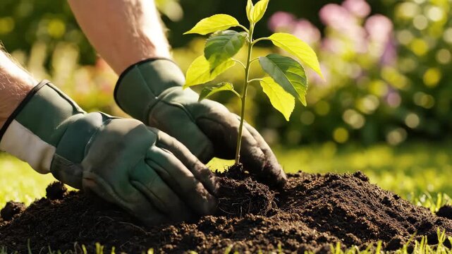 hands in protective gloves planting young green sapling in dark soil. spring gardening and agriculture concept. environmental conservation, reforestation, sustainable growth, ecology, earth day.