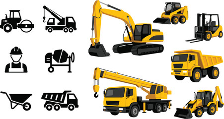 Collection of construction vehicles and heavy machinery vector illustrations including excavator, crane, dump truck, and worker icons © MdAl