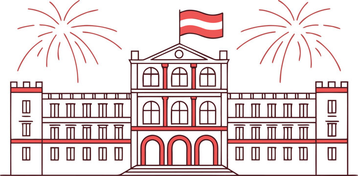 Of grimaldi palace in monaco with fireworks on national day, red and white color scheme