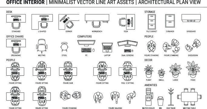 Office furniture CAD vector set, top view workspace layout symbols with desks, conference tables, task chairs, reception counters, storage cabinets and office equipment for blueprint floor plan draftS