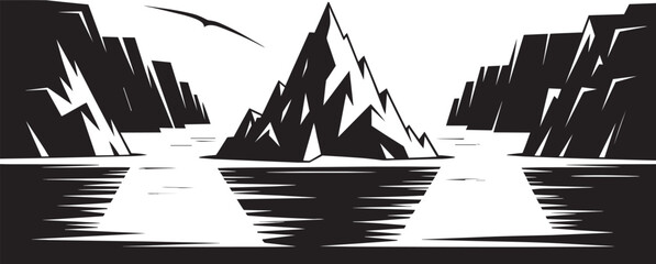 Jagged icy mountains in water with bird flying above in stark black and white landscape mountain © fay009