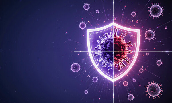 Antioxidant shield immunity microscopic cell protected by glowing barrier against pathogens and oxidative stress damage