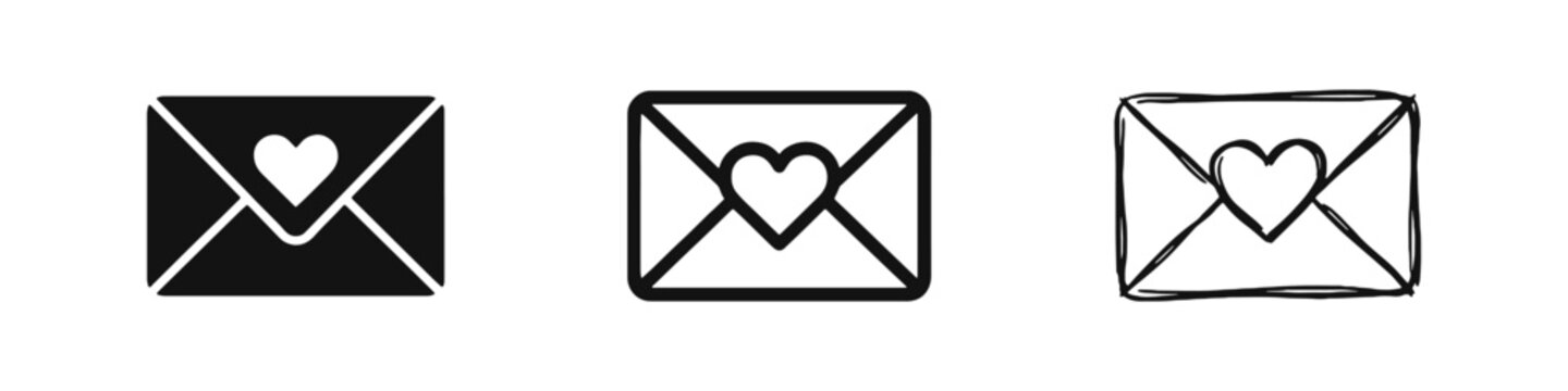 Love letter and romantic message icon set with heart symbol on mail envelope