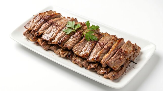 Turkish Oltu Cag Kebab on White Plate Isolated, 45-degree angle food photography