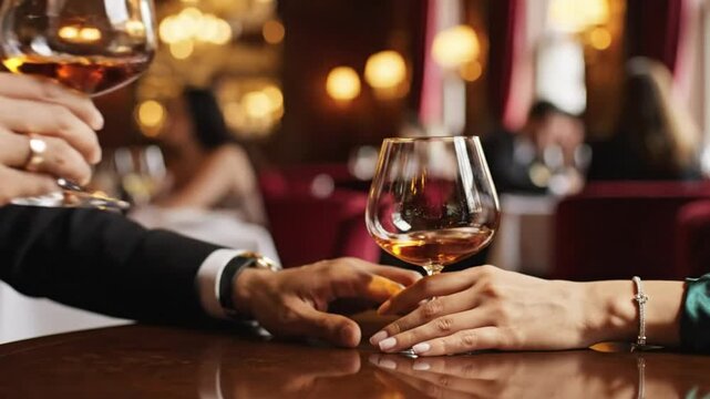 Romantic cheers between a couple enjoying cognac at a candlelit restaurant with soft bokeh lighting