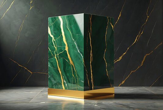 Close-up of green malachite stone pedestal with decorative gold cracks in dark room
