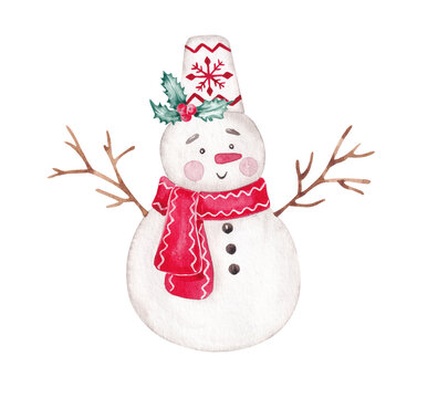 Cute snowman hand painted with watercolor.  Christmas desin element. Isolated on white. Hand drawn xmas illustration