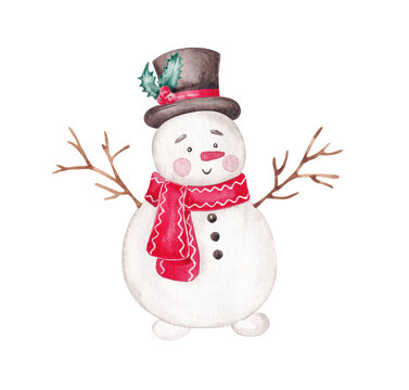 Cute snowman hand painted with watercolor.  Christmas desin element. Isolated on white. Hand drawn xmas illustration