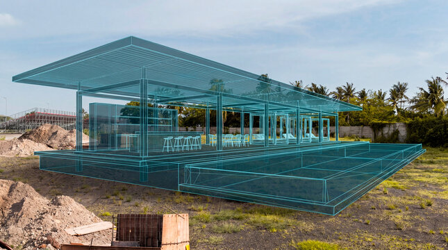  Architectural wireframe of tropical beach pavilion projected over coastal construction site