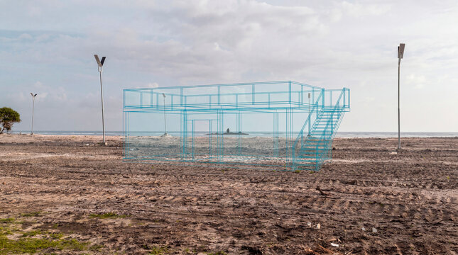 Elevated beach platform schematic projected over eroded shoreline with solar lighting infrastructure