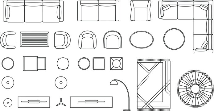 Interior furniture CAD vector set, top view floor plan symbols with sofas, sectional seating, coffee tables, rugs, spiral staircase and door swing indicators for architectural blueprint drafting