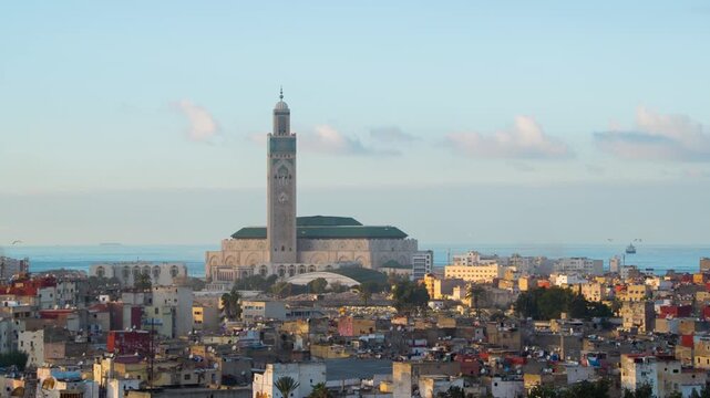 Casablanca, Morocco. Aerial view of Hassan II Mosque in Casablanca, Morocco. Time-lapse from evening to night