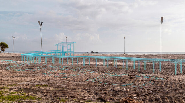 Engineered coastal boardwalk system projected across adaptive shoreline terrain
