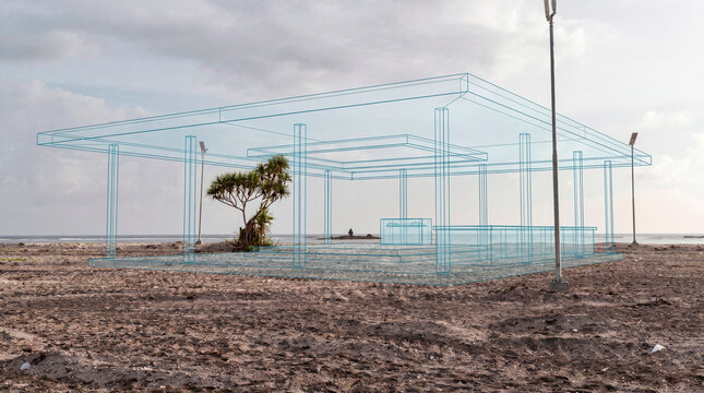 Volumetric coastal pavilion concept integrated into remote shoreline development plan