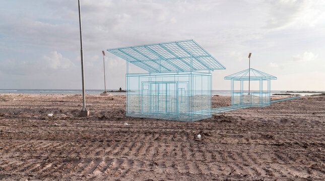 Compact beach service building wireframe with solar panel roof on remote island shoreline