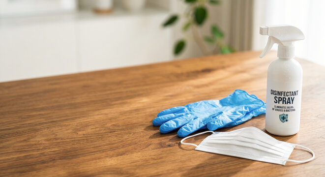 Disinfectant spray bottle, gloves, and face mask arranged on a wooden surface in a clean home setting, representing hygiene, sanitation, virus prevention, and safe cleaning practices.