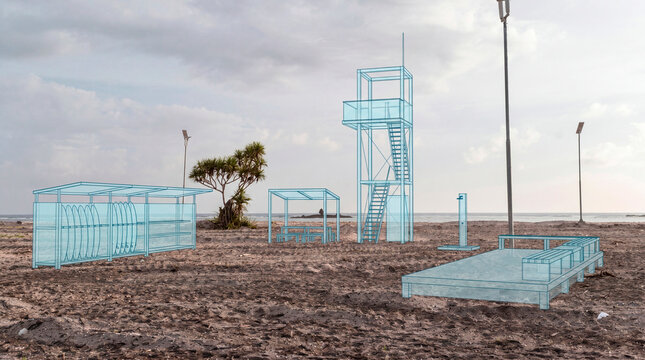 Modular coastal recreation framework projected across adaptive shoreline environment