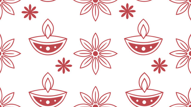 Indian diwali seamless pattern with diyas, flowers, and fireworks